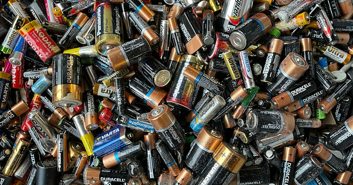 Assorted household batteries in a recycling collection bin