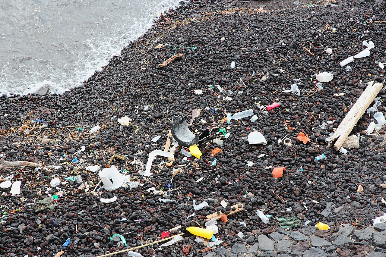 Plastic bottles, containers, and other debris scattered across a black-stone beach beside the ocean.